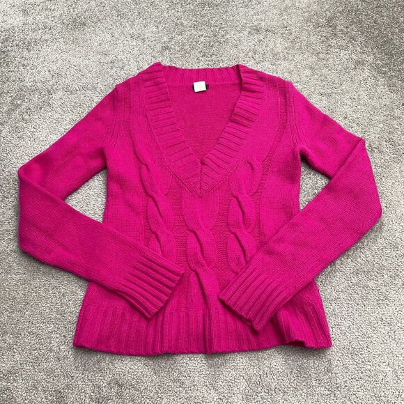 J. Crew Wool Cashmere Cable Knit Sweater Womens Small Hot Pink V-Neck Pullover - Picture 1 of 14